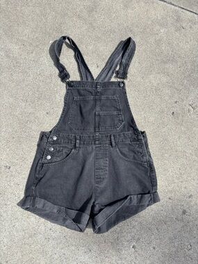 Free People Black Denim Short Overalls
